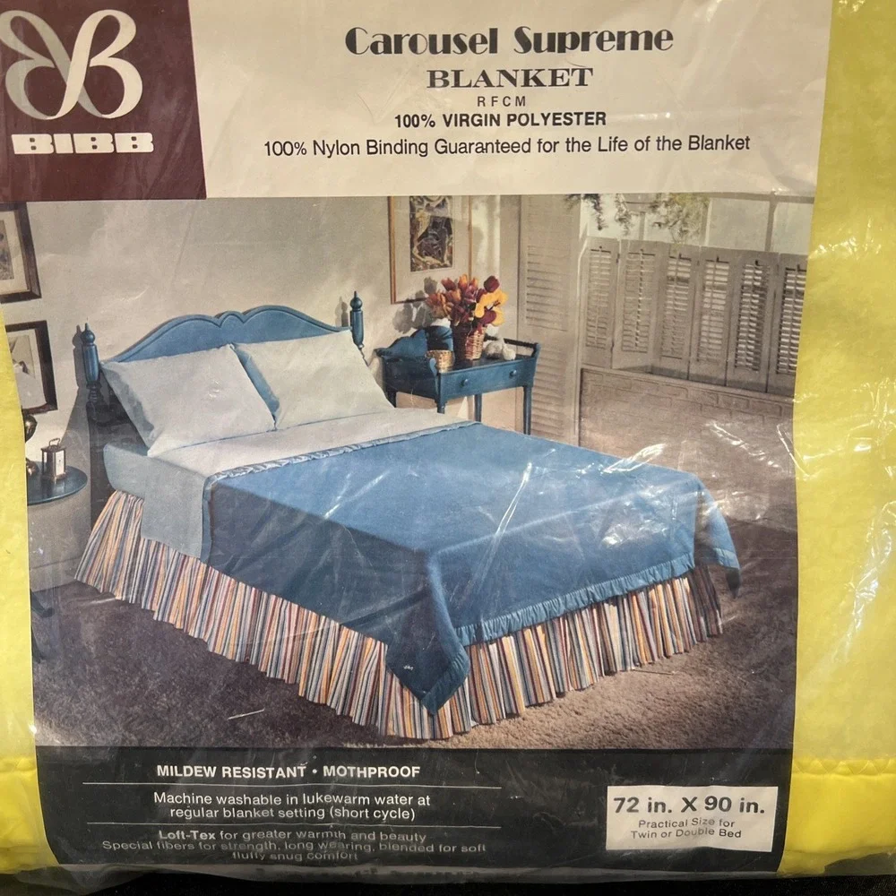 Vtg BIBB Carousel Supreme Polyester Blanket Nylon Binding Twin/Full 72x90 Yellow